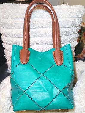 Louenhide Turquoise Leather Tote with Brown Handles NOW ONLY $45